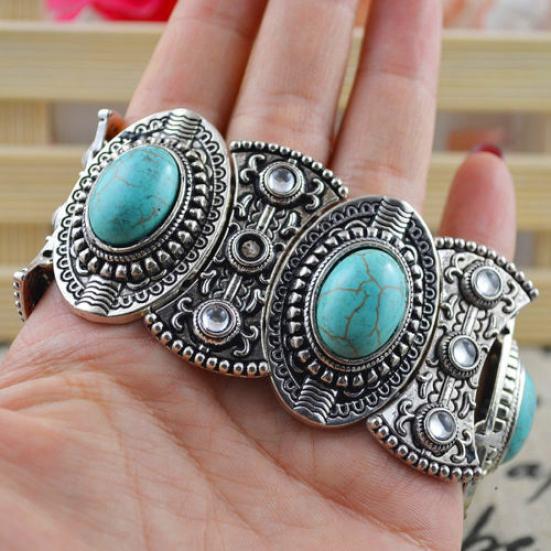 Retro Women's Gift Oval Turquoise Carved Tibetan Bangle Bracelet Boho Jewelry