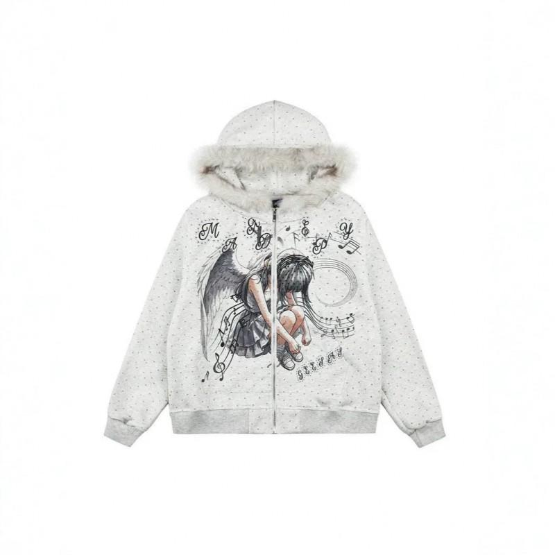 Anime Style Zip-Up Hoodie Y2K Polka Dot Angel Print Unisex Sweatshirt