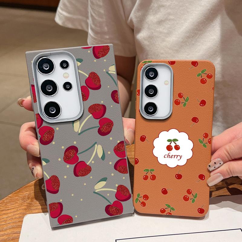 Тонкий кожаный чехол с принтом красной вишни для Samsung S25 Ultra S24 FE S23 S22 A56 A36 A16 A55 A15 A35 A26 TPU матовый противоударный мягкий чехол для телефона