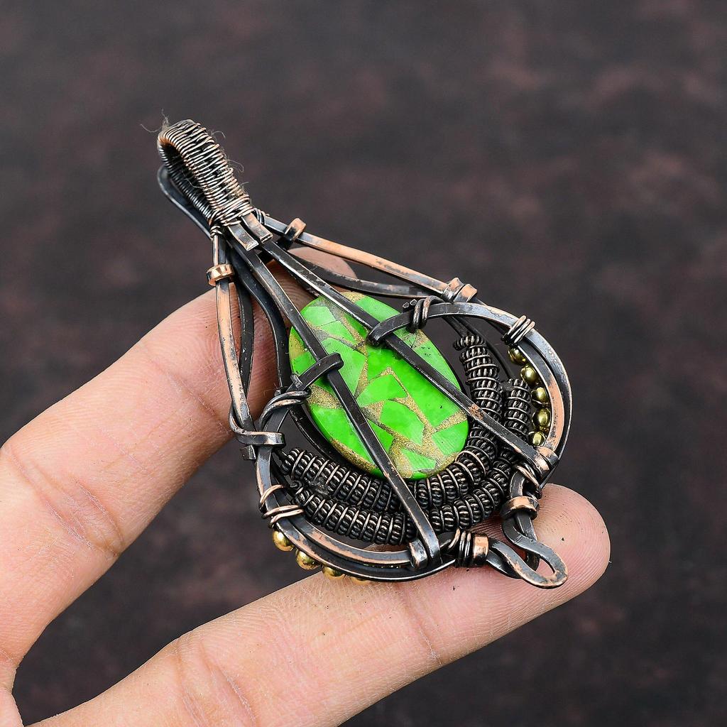 Медный зеленый бирюзовый кулон, медная проволочная обертка, кулон ручной работы, проволочная обертка, драгоценный камень, удивительный медный ювелирный подарок для жены