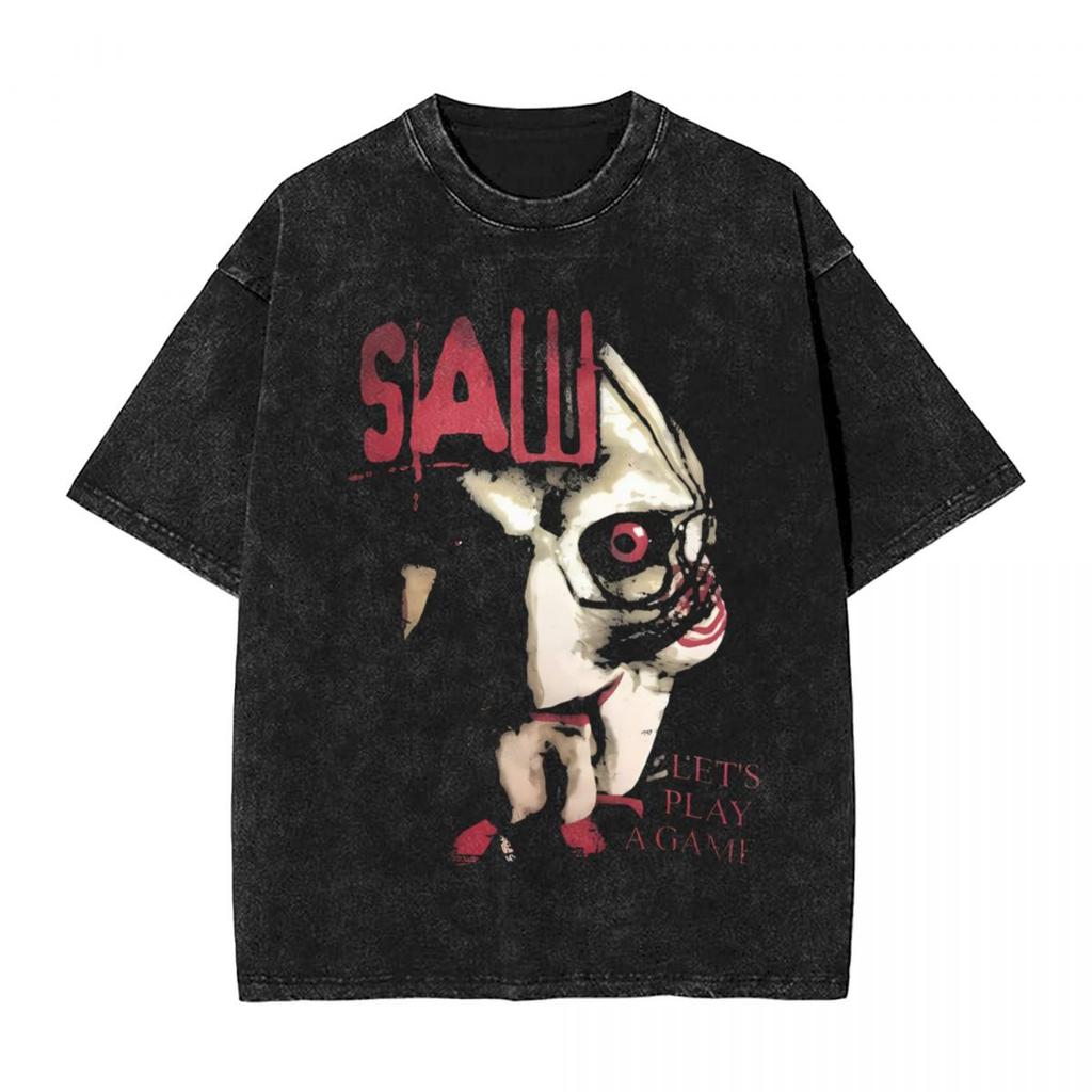 Movie SAW Horror Head Torture woman Men Washed Hot stamping Print TShirtHarajuku Cotton Tshirt Mens Summer Short Sleeve Tees