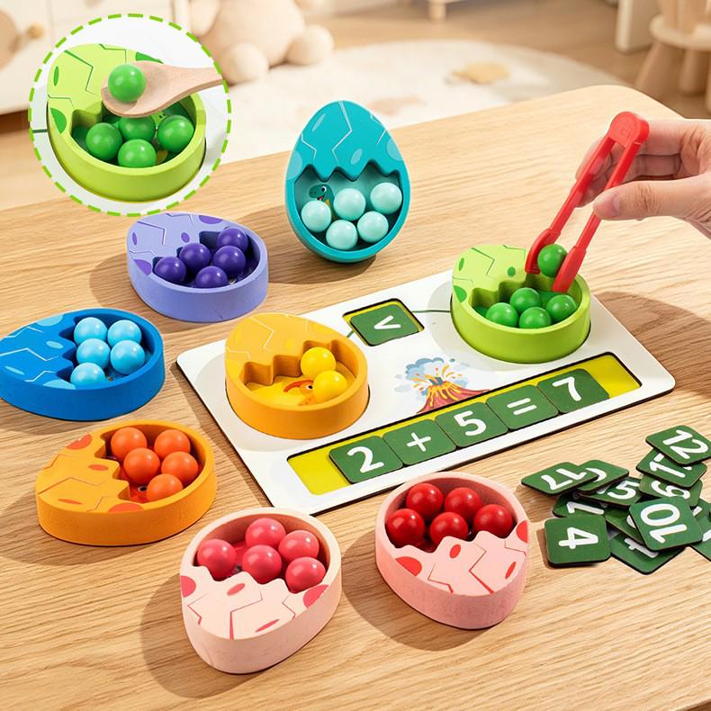 Wooden Dinosaur Egg Clip and Beads: Montessori Color Matching and Counting Toy for Children