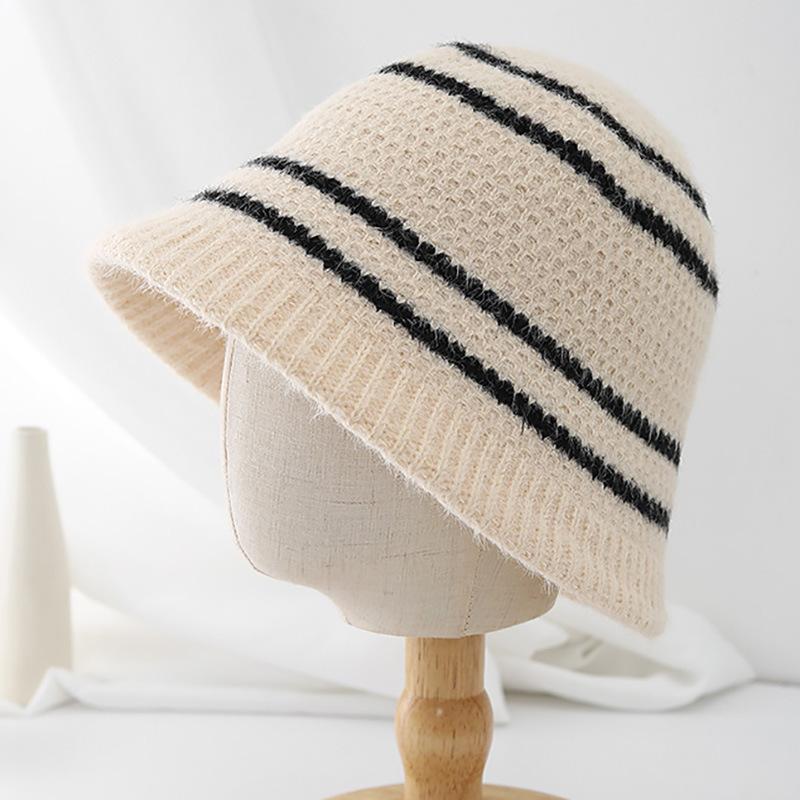 Autumn and winter warm bucket hat women's niche retro striped splicing basin hat women's wool knitted fisherman hat