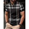 Men's Fashion Streetwear, POLOS, 3D Striped Printed Short Sleeved Summer T-shirt, POLO T-shirt with Zipper, Casual T-shirt