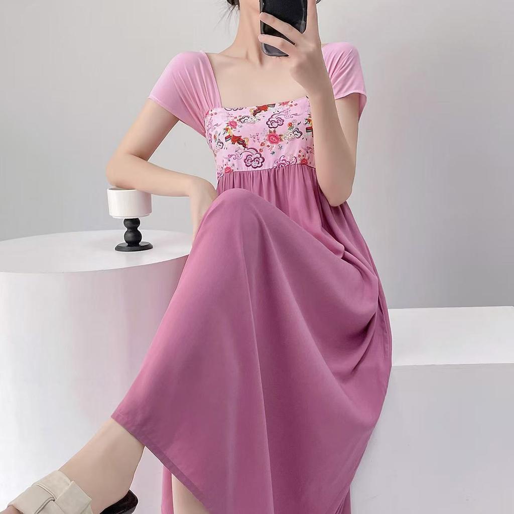 Hanfu nightdress women's summer square neck short-sleeved skirt solid color lace-up national style cotton and silk loungewear mint green cotton silk