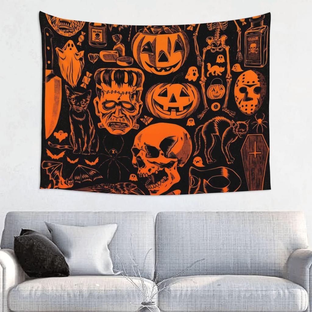 Happy Halloween Tapestry Hippie Polyester Wall Hanging Pumpkin Skull Wall Decor Background Cloth Psychedelic Wall Carpet