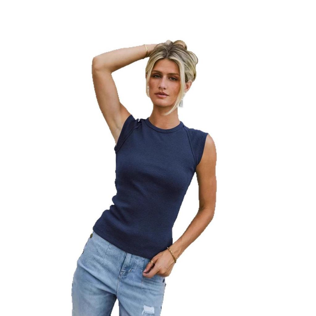 Summer Fashion Solid Color Sleeveless Crew Neck Slim Ribbed Sexy Hottie Top Vest Suspender Women