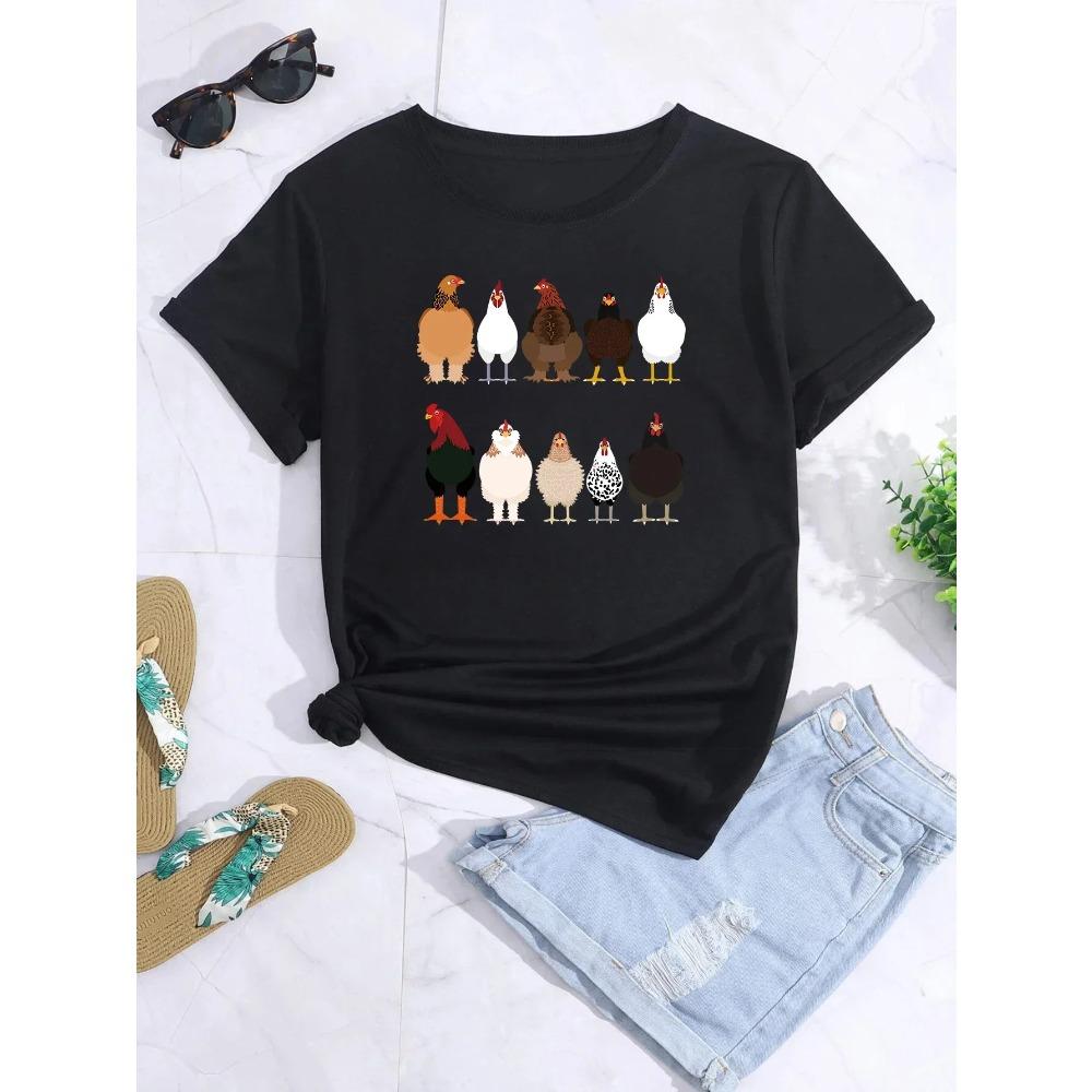 Chicken Print Crew Neck Tshirt Casual Loose Short Sleeve Fashion Summer TShirts Tops Womens Clothing