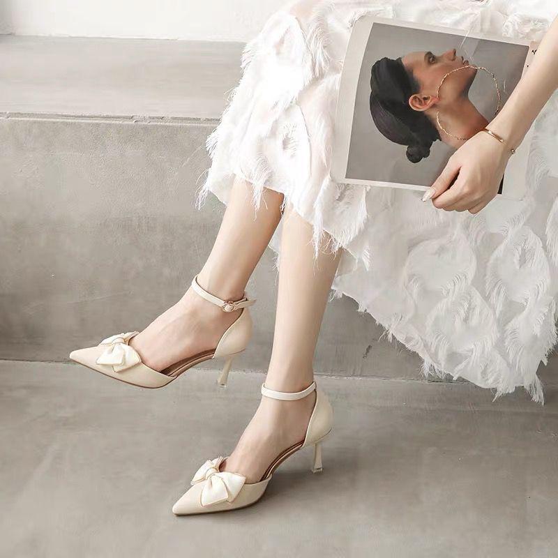 French Medium Heel Stiletto Pointed High Heels 2025 Summer New Fairy Shoes Gentle with Skirt Bow Single Shoes Women