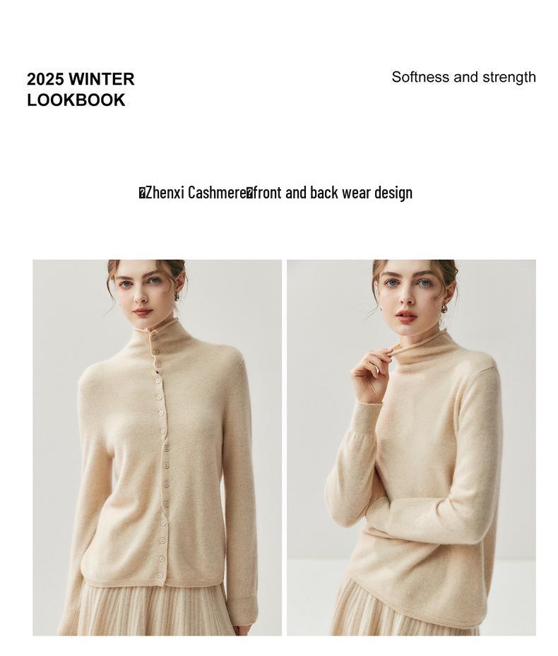 Women's Minimalist Rolled-Edge Cashmere Sweater - Semi-High Neck, Loose Fit, Slimming, Long Sleeve Knitted Base Layer