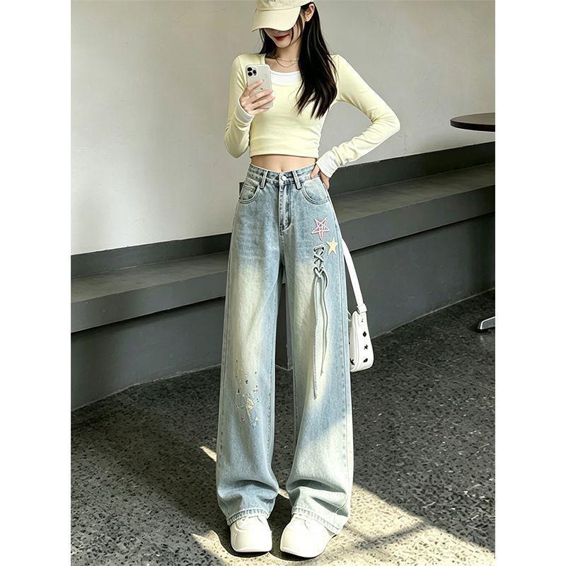 Womens High Waist Wide Leg Jeans Star Embroidery Ripped Denim Pants 2026 Slim Fit Flared Trousers Teens