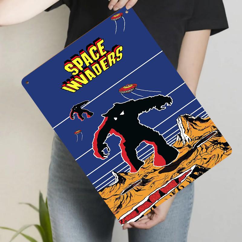 Vintage Space Invaders Metal Wall Art Sci Fi Monster Alien UFO Decorative Painting
