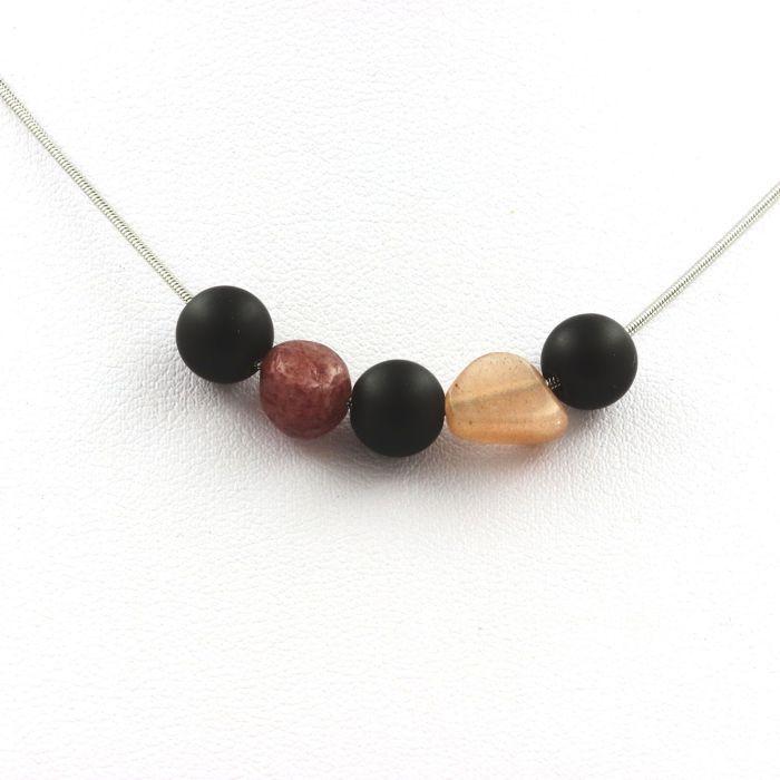Stones and Minerals. 8mm Matte Black Onyx + Brazilian Ruby + Sunstone Pearl Necklace Stainless Steel Chain.