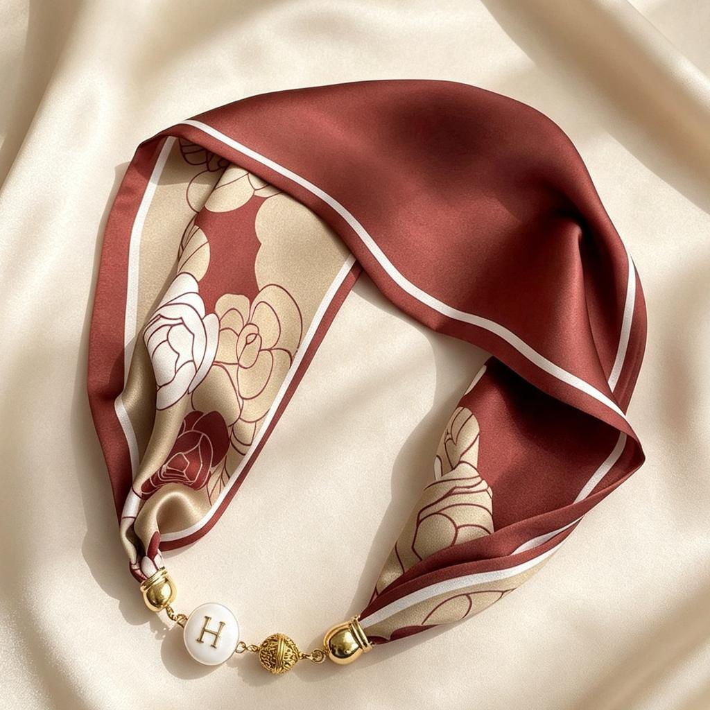 New retro pearl magnetic buckle small silk scarf women's high-end satin printed scarf summer versatile small scarf