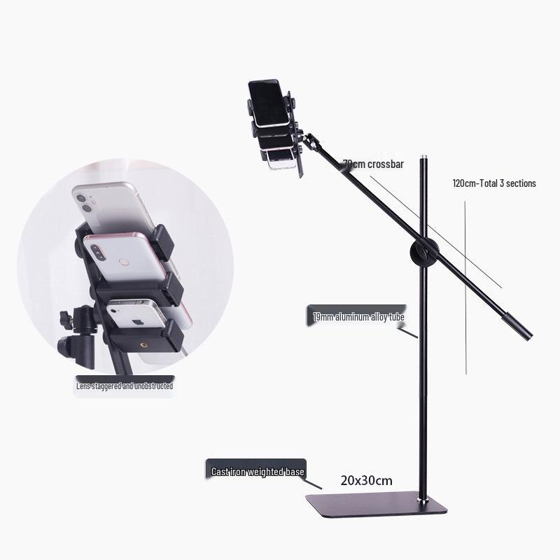 Cantilever Multi-Camera Floor Stand with Long Arm for Top-Down Shots & Multi-Platform Phone Holder in Mirror Live Streaming & Photography