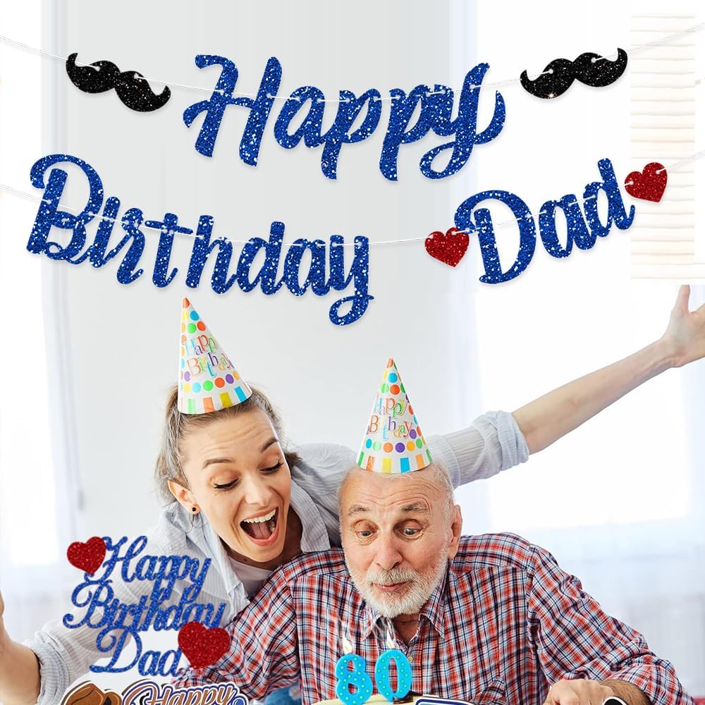 Pre-strung Happy Birthday Dad Decorations Banner Daddy Cake Topper Blue Glitter Father's Day Best Dad Ever Decor Party Supplies NO DIY