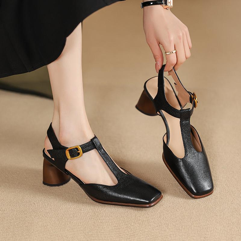 2024 Новые босоножки из натуральной кожи на квадратном каблуке, летняя модная женская обувь, туфли-лодочки на платформе с Т-образным ремешком и пряжкой, квадратный носок