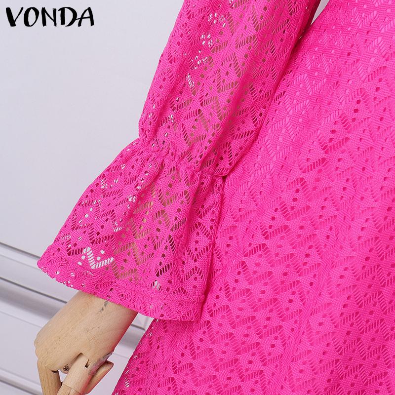 VONDA Women Plus Size V-Neck Bubble Long Sleeve Lace Dresses