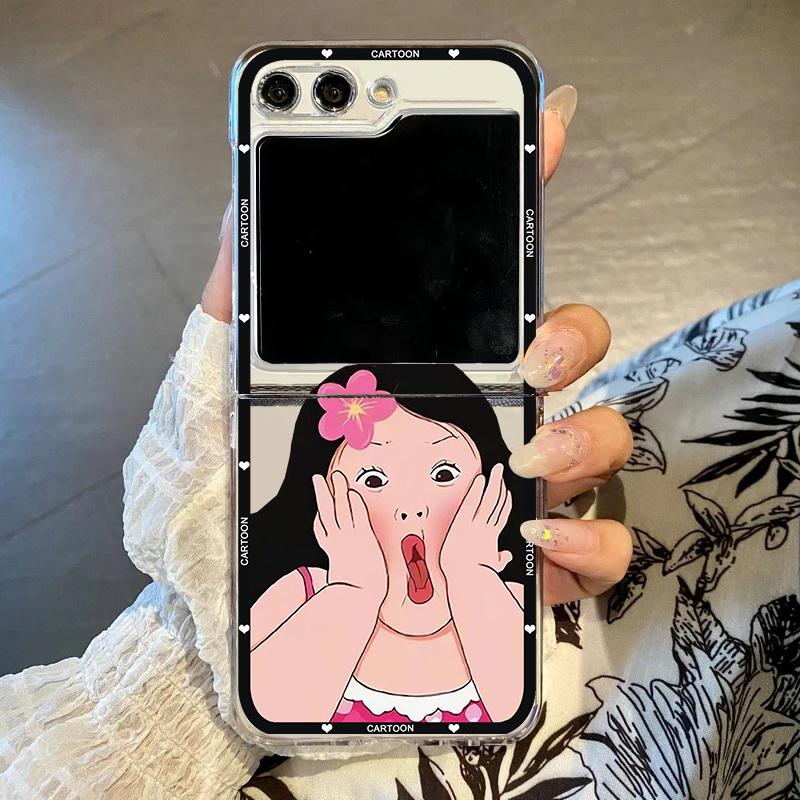 INS Korea Cute Girl Pattern Couple Phone Case For Samsung Galaxy Z Flip 6 7 5 4 Lovely Clear Hard PC Folding Cover For Zflip 4 3