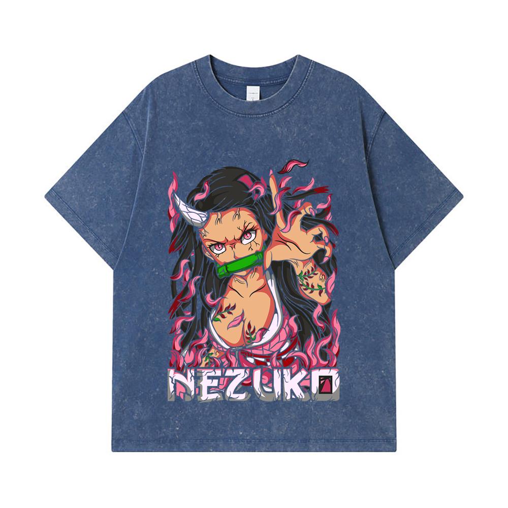 275 GSM Washed T-shirts 100% Cotton Demon Slayer V73 Nezuko Print Unisex Heavy Cotton T Shirt