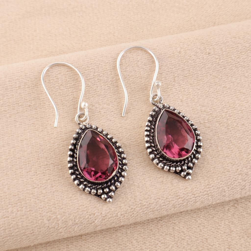 Rhodolite Gemstone Earrings 925 Sterling Silver Handmade Jewelry Boho Earrings EE-164-5