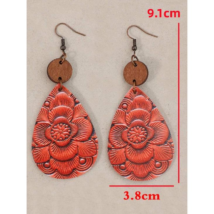 1 Pair New Vintage Carved Flower Teardrop PU Leather Women's Earrings