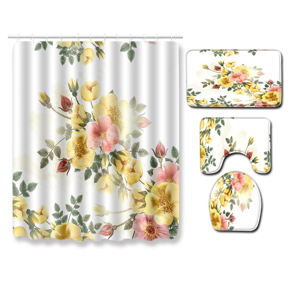 Painted Flowers Bathroom Shower Curtain Floor Mat Toilet Cover Foot Mat Four-Piece Pattern Size Fixed Zhi