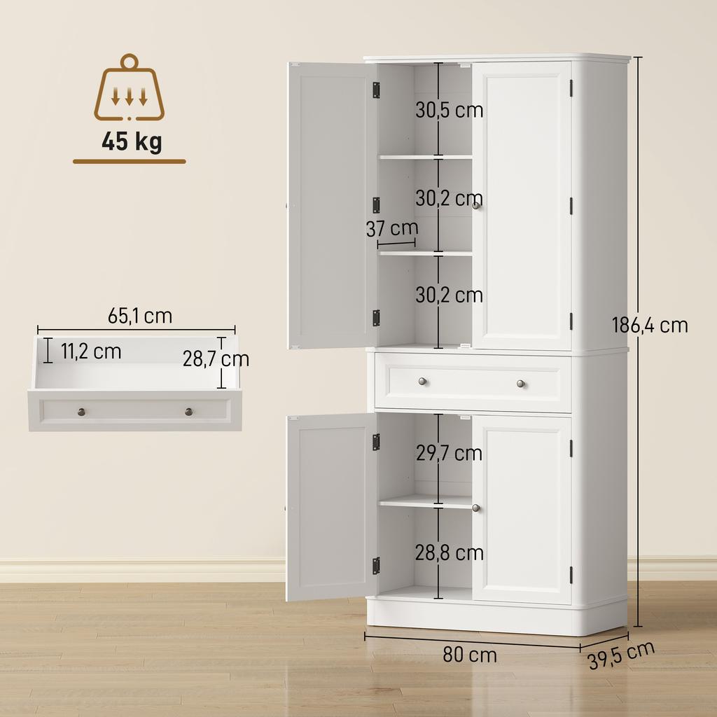 Kitchen Cabinet with 4 Doors, Drawer, and Adjustable Shelves for Kitchen, 80 x 39.5 x 186.4 cm White
