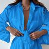 2Pcs/Set Lantern Long Sleeve Pockets Single Breasted Women Outfit Lapel Shirt Ruffle Wide Leg Shorts Set