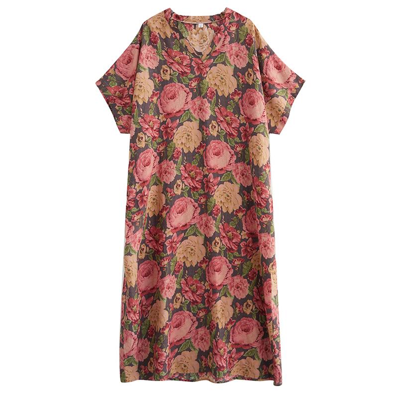 DIMANAF Women 2025 Plus Size Summer Casual Dress Cotton Linen Vintage Loose Basic Long Dress Floral New