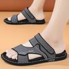 Модные мужские сандалии из искусственной кожи 2024 года, модные мужские летние новые ретро-кожаные нескользящие пляжные сандалии без застежек, дорожные тапочки черного цвета