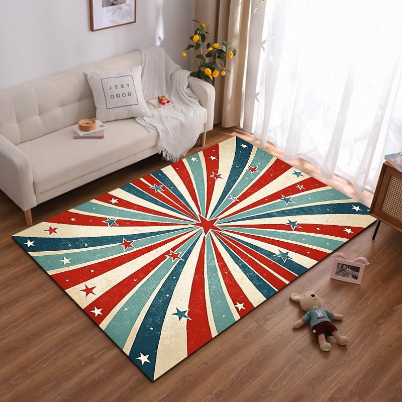 Retro Starburst Pattern Rug in Red, Blue & White Non-slip rug suitable for living room and bedroom sofas