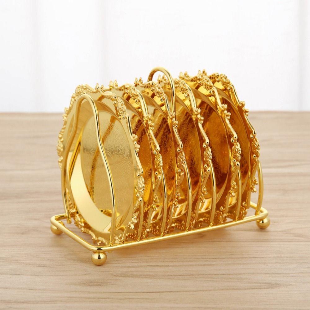 7 шт./комплект позолоченных европейских декоративных стоек, резных металлических подносов для торта, винтажных узорчатых подставок для чашек, декора бара