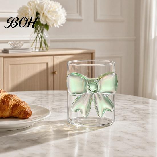Durable Glass Tea Cup Bow Cup, Breakfast Milk Coffee Mug, 300ml Whiskey Tumbler for Large Capacity Juice, Heat Resistant Home Bar Decor Gift Women