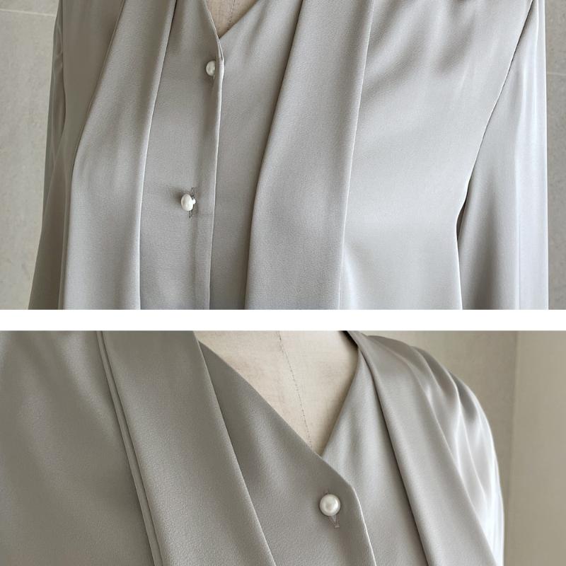 Fashion Long Sleeve Casual Shirt Women Spring and Summer Bow V-neck Solid Button Up Loose Blouses Women Elegant Simple Office Shirt Chic Tops 26436