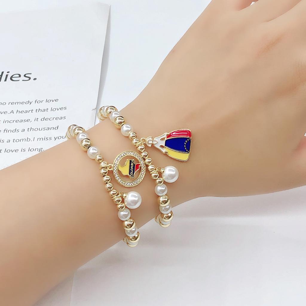 High-Quality Pearl Chain Hot Air Balloon Violin Round Heart-Shaped Venezuela Flag Bracelet for Women Patriotic Souvenir Jewelry