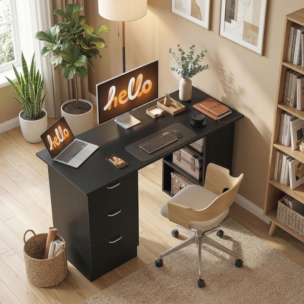 Computer Desk, Writing Table, PC Workstation with 3 Storage Shelves and Drawers, Silver Handle, for Home Office, Black