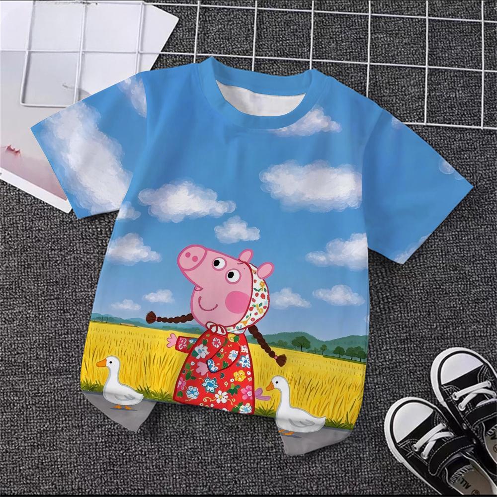 Trendy Cute Cartoon Print Tee Summer Casual Crew Neck Street Fashion Kids Short Sleeve Peppa Pig 3 14 Years