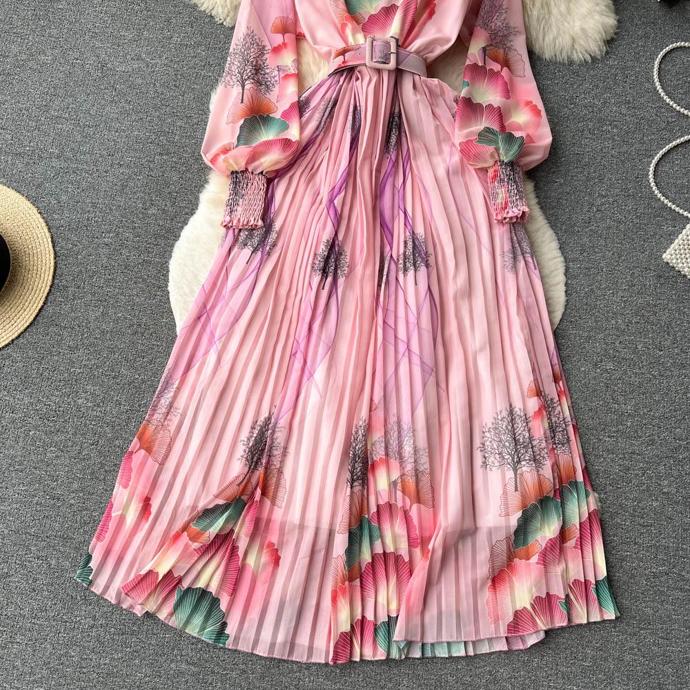 French Chic Dress for Women V-neck Plant Printed Lantern Sleeve Pleated Long Dresses Autumn Dress Female A-line