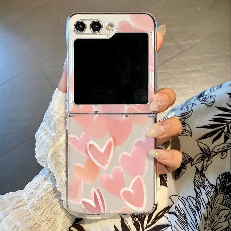 Love Heart Print Clear Folding Phone Case For Samsung Galaxy Z Flip 7 6 5 4 3 Hard Transparent Cover For Samsung Z Flip7 Flip6