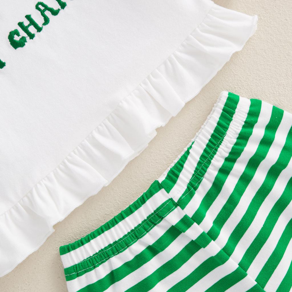 Toddler Girls Ruffled Set Four Leaf Clover Embroidered Long Sleeve Round Neck Tops Striped Long Pants 2-Piece Fall Outfits