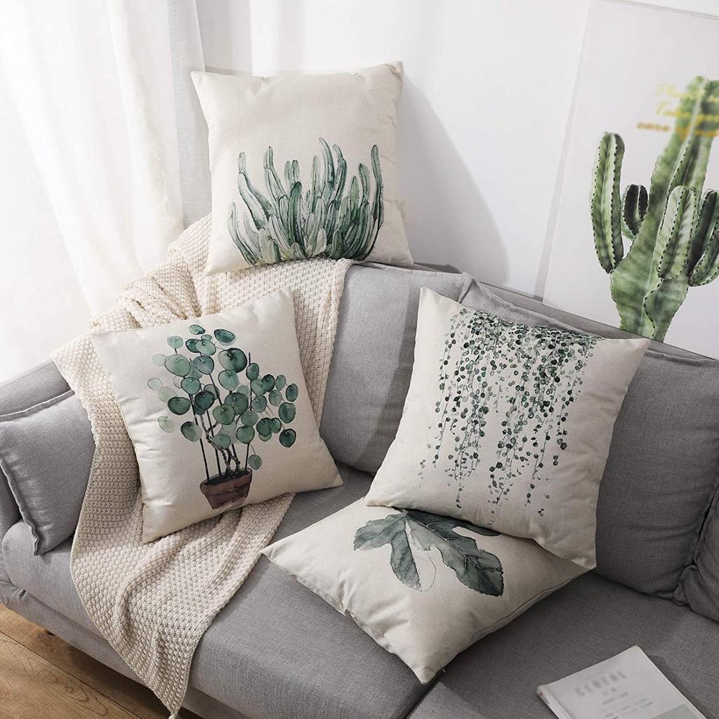 Simple Modern Green Leaves Tropical Plant Series Linen Pillowcase Nordic Small Fresh Style Cushion Cover