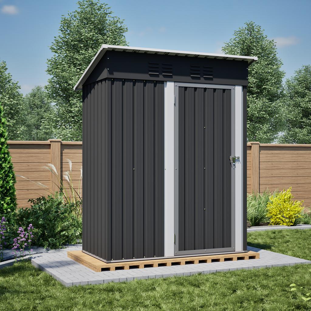 Garden House Flat Roof 152x84x182 cm, Tool Shed with Lockable Metal Door, Without Window, 1.27 m² Storage, Weatherproof Design for Garden Tools, Black