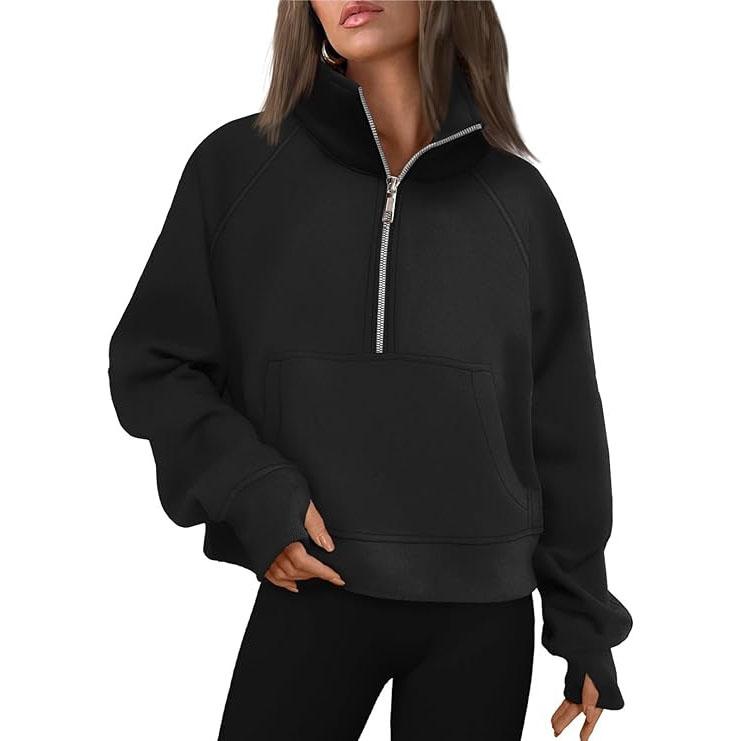 Stand Collar Casual Sweatshirts Half Zip Women Cropped Pullover Thumb Hole Oversized Hoodie Solid Color Plus Size Sports Outfit Plus Size
