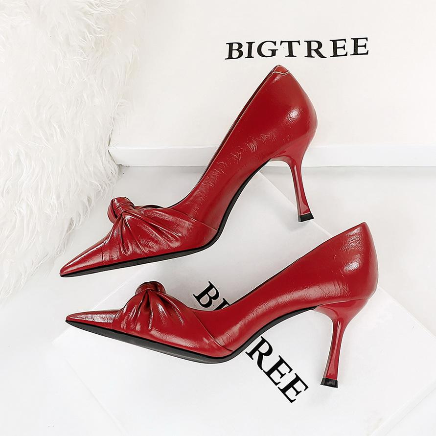 Сексуальные туфли для ночного клуба на тонком каблуке, очень высокие каблуки, женские туфли на высоком каблуке с острым носком и бантом