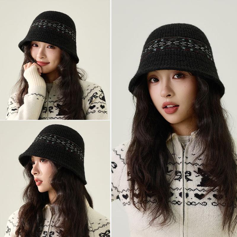 Vintage Color Jacquard Knitted Bucket Hat Women's Fisherman Hat