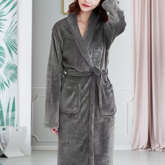 Men Women Plush Fleece Bath Robe Knee-Length Lapel Tie Design Water Absorbent Winter Loungewear Daily Wear Sleepwear