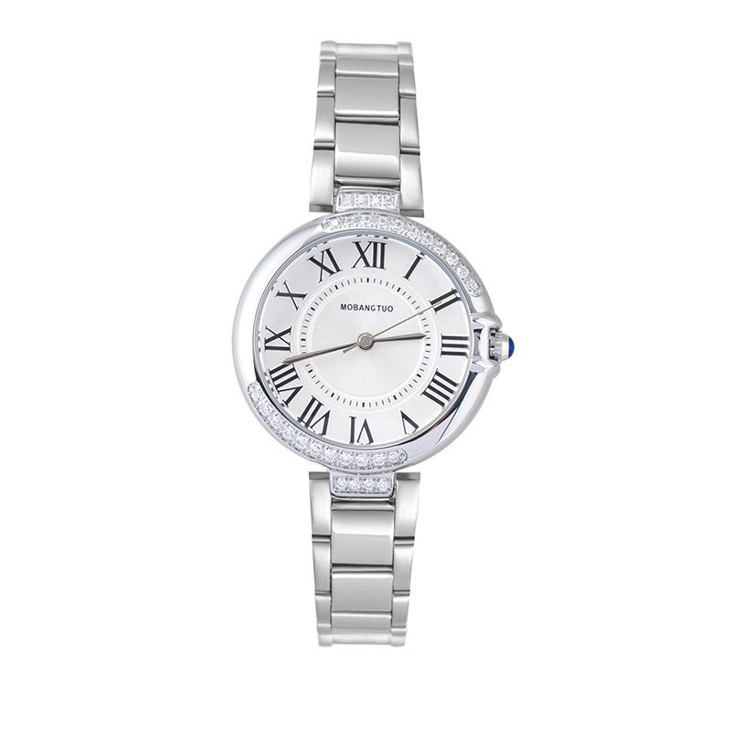 Diamond Women'S Watch Fashion Pointer Round Roman Quartz Waterproof Steel Belt Temperament Watch