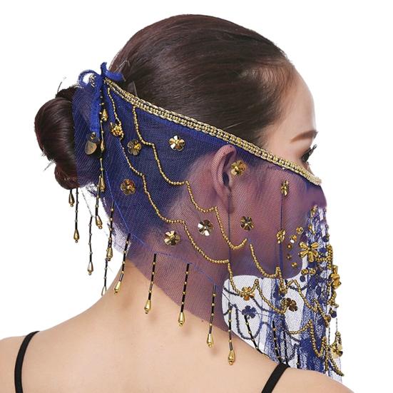 Performance Veil Flower Sequins Beads Decor See-through Lace Belly Dance Tribal Face Veil Breathable Fabric Adjustable Strap Indian Dance Veil
