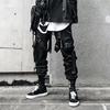Men Cargo Pants Hip Hop Style Individual Straight Leg Strap Decor Solid Color Deep Crotch Loose Streetwear Elastic Waist Ankle-banded Men Trousers